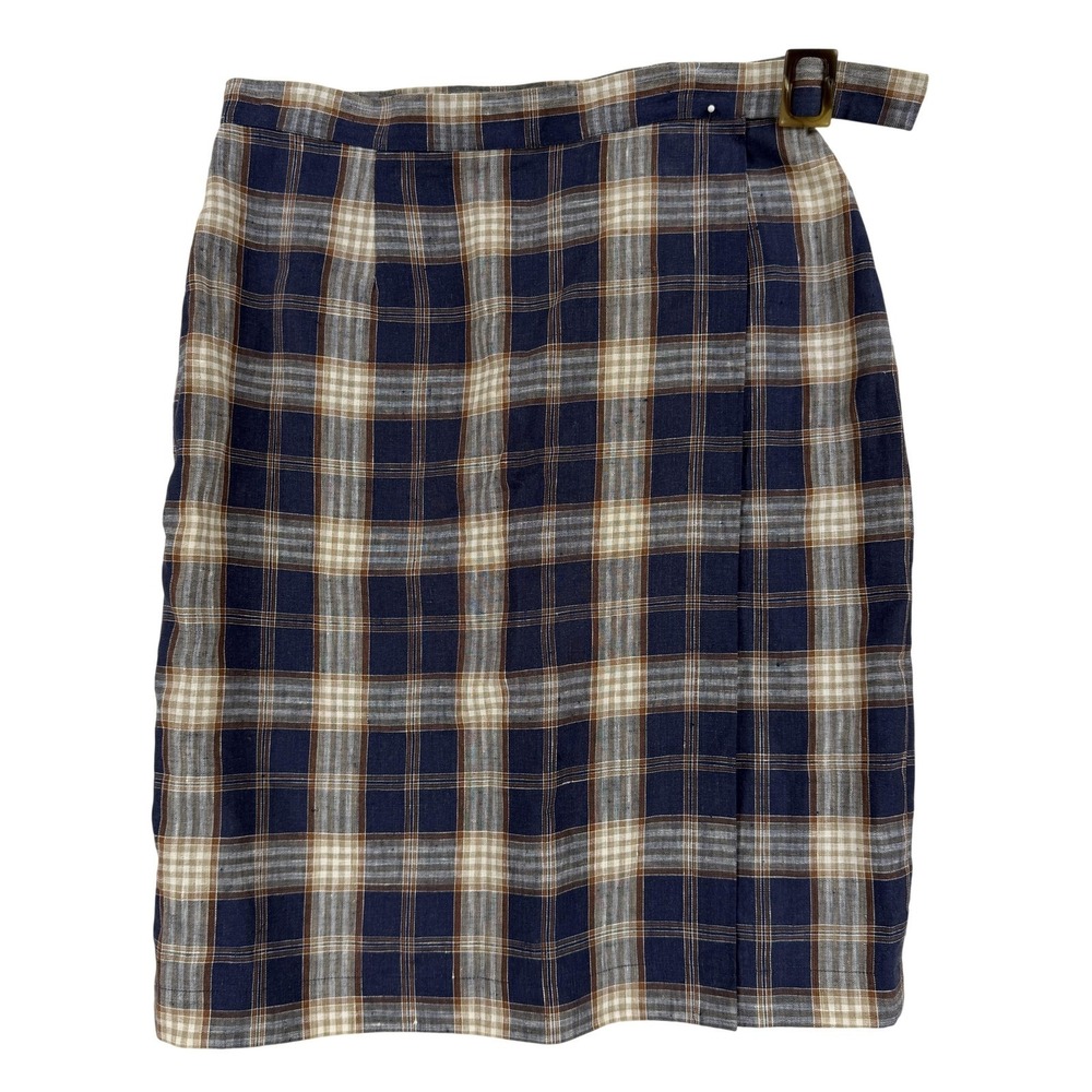Casual Corner‎ Skirt Womens 8 Blue Plaid Linen Wrap Knee Length Buckle Lined